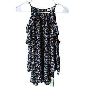 Jolt Women's Size M Blue Floral Sheer Ruffle Blouse Cold Shoulder Tie At Neck